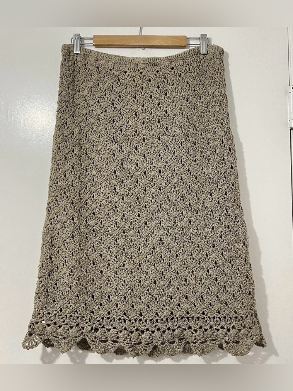 J Jill Womens Hand Crochet Skirt Size L Tall Tan Linen Blend Scalloped Hem Lined